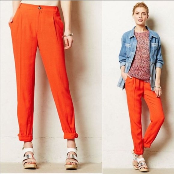 Anthro Elevenses Avoch Cropped Crepe Pants Orange - Picture 1 of 16